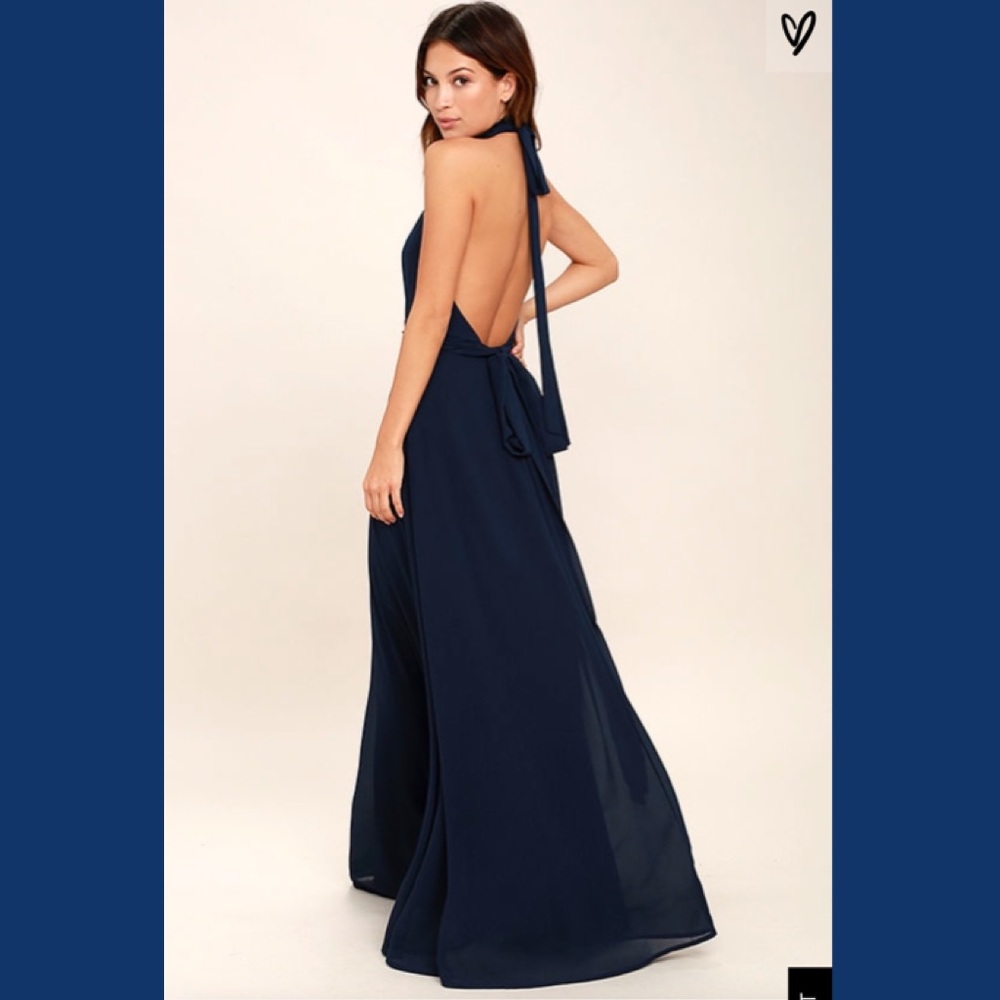 Lulus First Comes Love Halter Top Navy Blue Gown - Picture 2 of 8